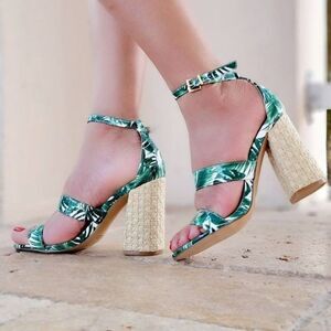 Women’s Green Dual Strap Ankle Block Heel Sandals with Palm Leaf Print